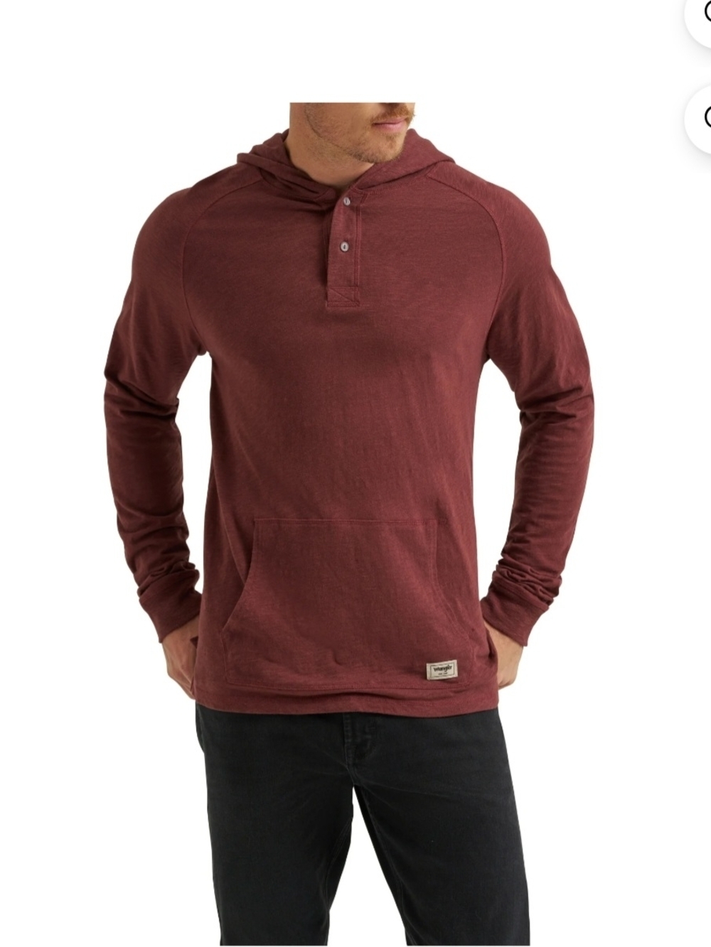 Wrangler Men's Henley  Long-Sleeve Hoodie Bitter Chocolate / Maroon - Picture 3 of 6